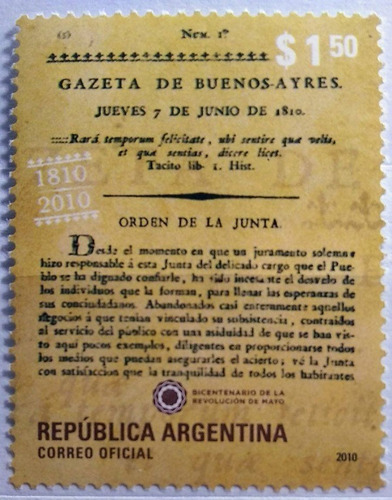 Estampilla Bicentenario Gazeta Buenos Ayres 1810-2010 Mint