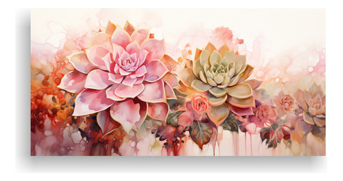80x40cm Cuadro Riqueza Visual Suculentas Flores Oro Y Rosa