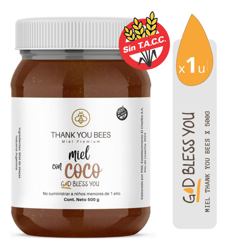 Miel Premium Aceite De Coco Godblessyou Thankyoubees Pura 500g Sin Tacc