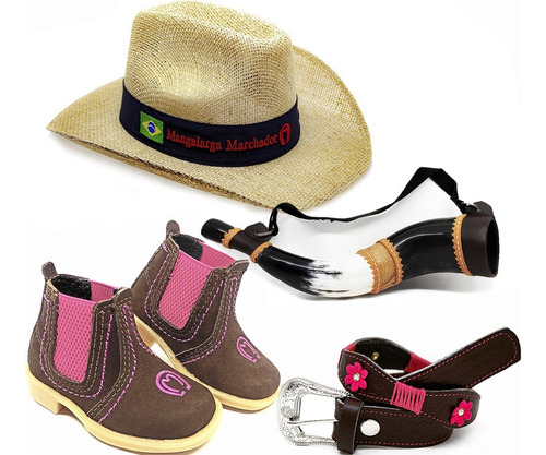 Kit Infantil C Botina Rosa + Berrante Chapeu + Cinto Flor