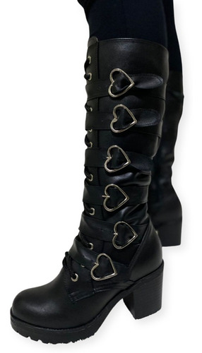 Bota De Piel Larga Tacon Mujer Estilo Dark  Rocker Corazon