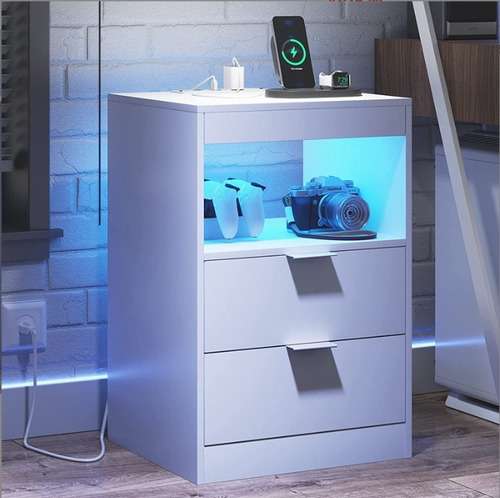 Mesita De Noche Moderna Con Carga, Lámpara Y Cajón Mdf Gris