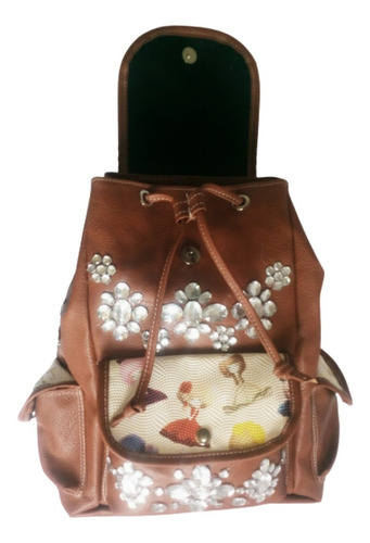 Imagen 3 de 10 de Mochila Marron Estampada Cuero Pu 3 Bolsillos Gran Capacidad