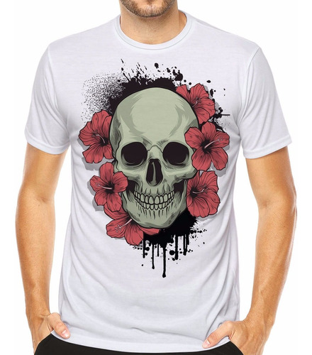 Camiseta Camisa Caveira Rosas Skull Roses Estampa Exclusiva