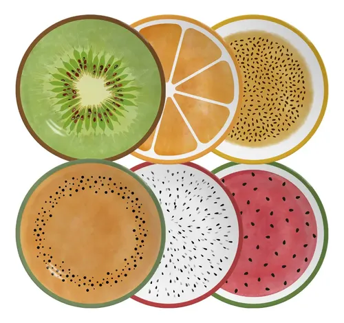 Conjunto 6 Pratos Sobremesa Salada De Frutas Ø21cm Alleanza Verde-claro/laranja/branco/rosa-claro Geométrico