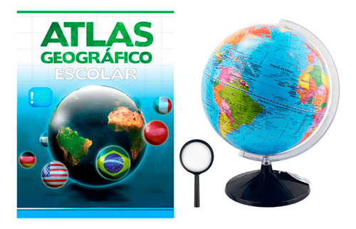 Kit Globo Terrestre Continental 30cm Com Lupa E Atlas