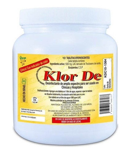 Klor De 1000ppm Desinfectante+ Detergente Bote 10 Tabletas