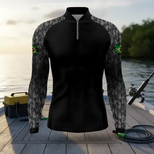 Camisa Camiseta De Pesca Com Proteção Uv50 Com Zíper Cinza