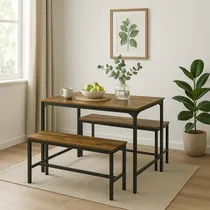 Comprar Juego De Comedor Rectangular Marrón Con 2 Bancos Para 4 Pers Color Marrón oscuro Diseño de la tela de las sillas Liso