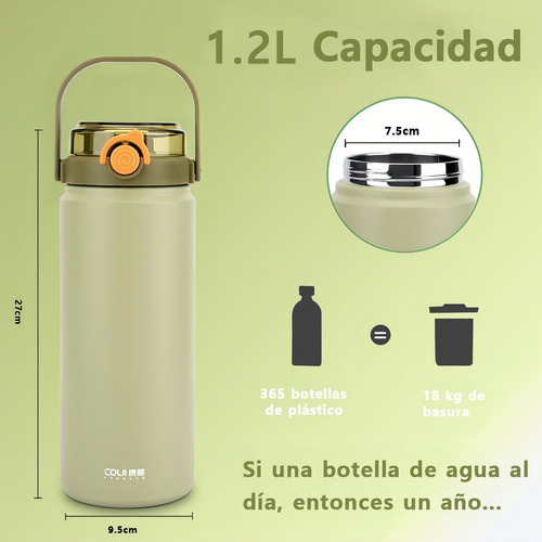 Termo Acero Inoxidable Botella De Agua Portátil 1200ml Color Verde