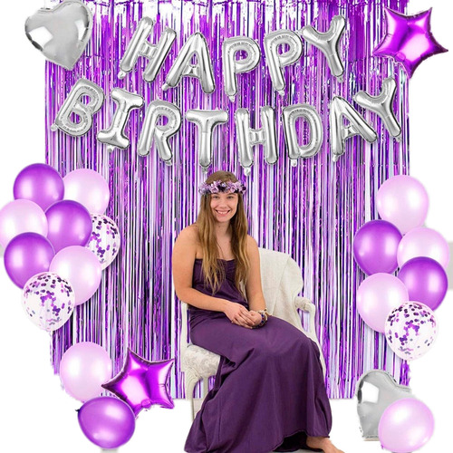 Decoracion Globos Morado Arco Cortina Feliz Cumpleaños 