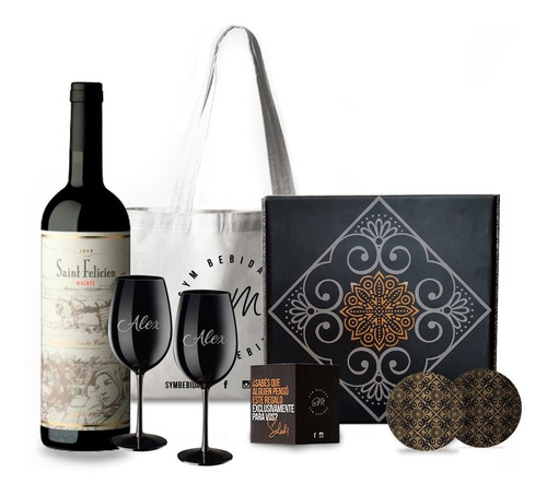 Box Saint Felicien Malbec + 2 Copas Negras Grabadas. Regalo!