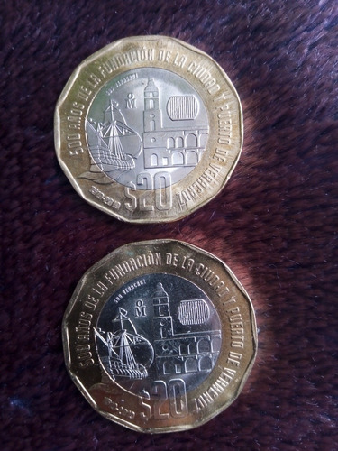 2 Monedas De 20 Pesos .500 Años Del Puerto De Veracruz