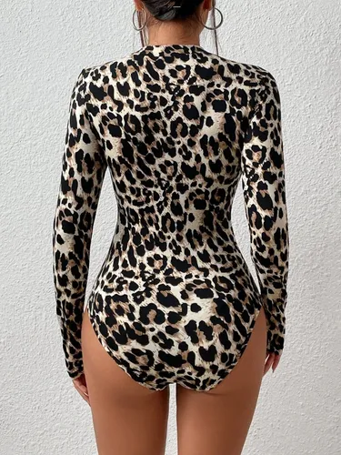 Body De Manga Larga Body Mujer Animal Print Elegante Bodys