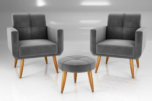 Kit 2 Poltronas Decorativa Havana Com Puff - Cinza Veludo
