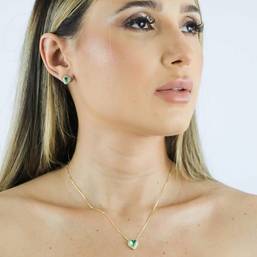Conjunto Colar Brinco Corações Pedra Verde Banhado Ouro Kit