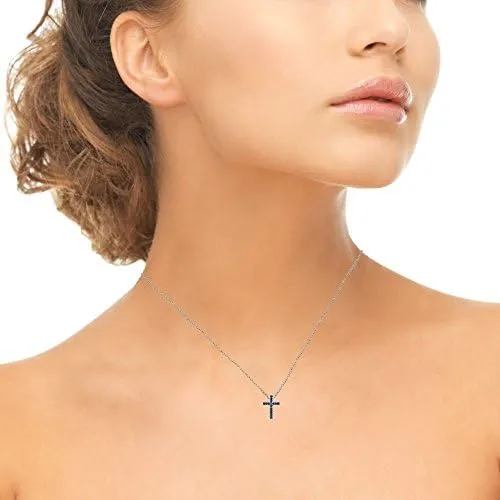 Collar De Cruz Para Mujeres O Niñas, Plata De Ley Con Azules