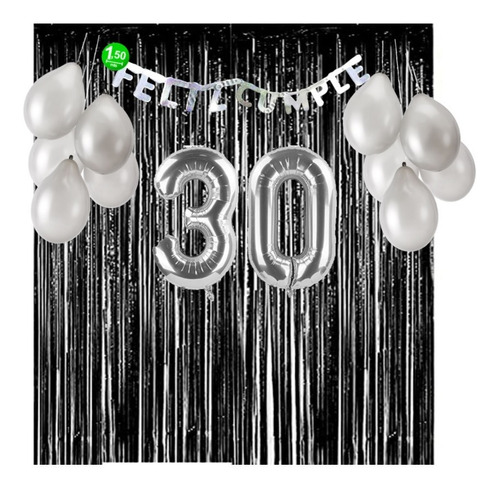 Kit Decoración Cumpleaños - 30 Años - Negro Y Plateado  