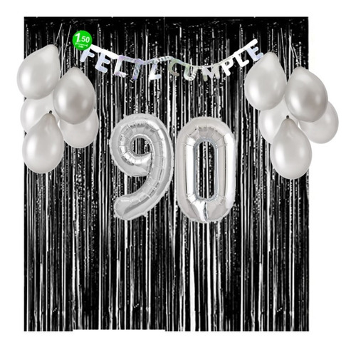 Kit Decoración Cumpleaños - 90 Años - Negro Y Plateado  