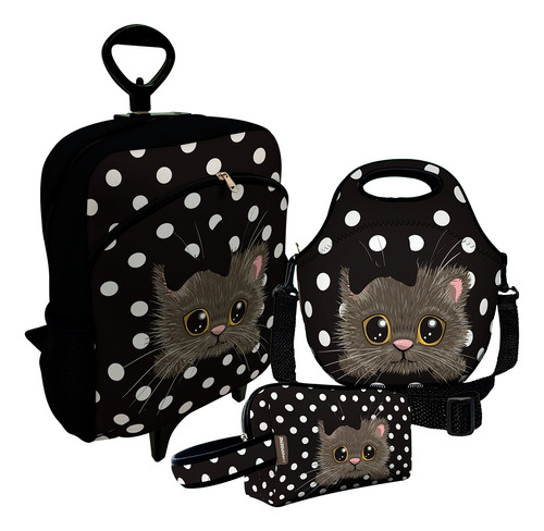 Kit Mochila C/ Rodinhas + Lancheira+necessaire Gatinho Poa