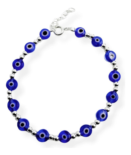 Pulsera Plata 925 Con Bolitas De 3mm Y Ojos Turco Plano 6mm Plateado 19 Cm