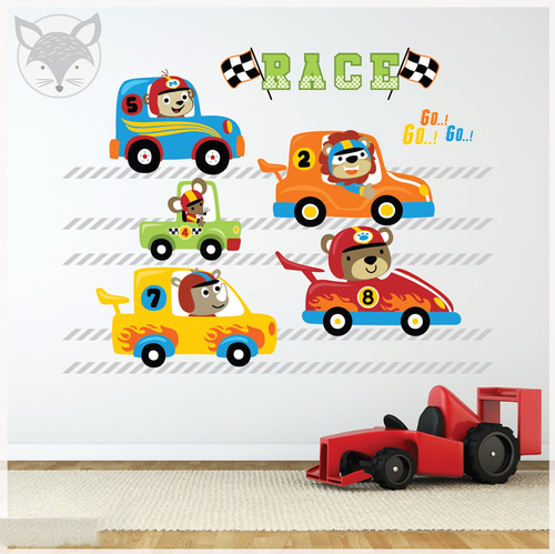 Vinilo Pared Infantil Carreta De Autos Animales Pc59a 100cm