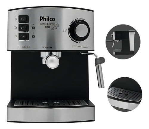 Cafetera Philco Coffee Express con filtro permanente de 15 bares, color negro y plateado,