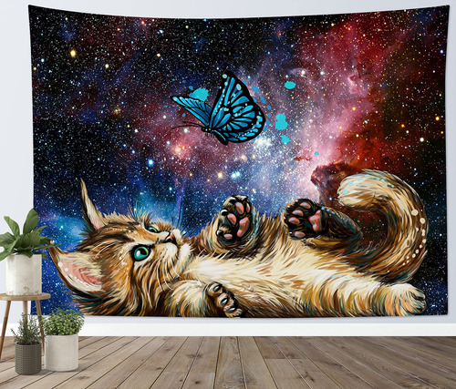 Tapiz Mariposa Gato Cielo Nocturno Estrellado Galaxia Para
