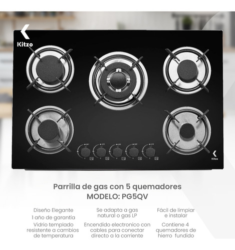 Parrilla Estufa 5 Quemadores A Gas Lp Y Natural Empotrable Negro