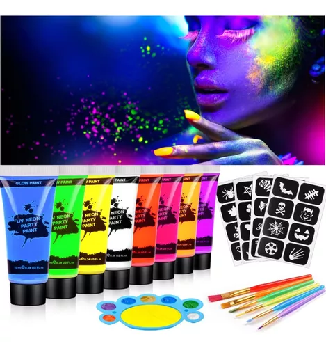 Yeweian Pintura facial de 8 colores que brillan en la oscuridad, maquillaje  de pintura fluorescente fluorescente a base de agua, pintura negra UV