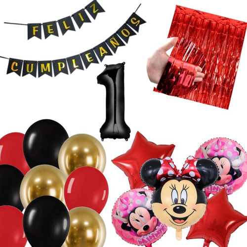 Kit Decoración  Minnie Globo 3d Moño Rojo Feliz Cumpleaños