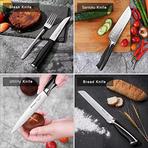Emojoy Juego de cuchillos de cocina, juego de cuchillos para cocina con  bloque, 6 piezas de acero inoxidable de alto carbono, mango de madera,  juego