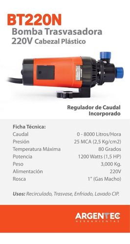 Imagen 3 de 5 de Bomba 220 Volts Con Regulador Caudal Argentec Bt220n