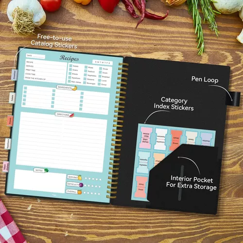 Libro de recetas para escribir en tus propias recetas, cuaderno de recetas  en blanco con pestañas para amantes de la cocina familiar, organizador de