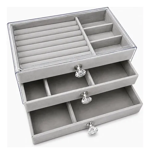 Porta Joias Acrílico Organizador E Bijuterias 3 Gavetas Cinza