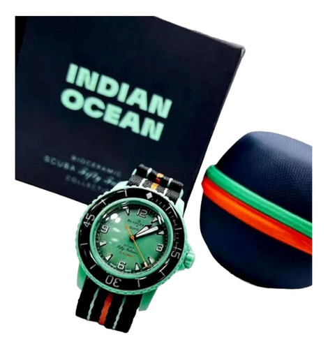 Reloj Swatch X Blancpain Océano Indico Edicion Especial Correa Verde Bisel Negro Fondo Verde