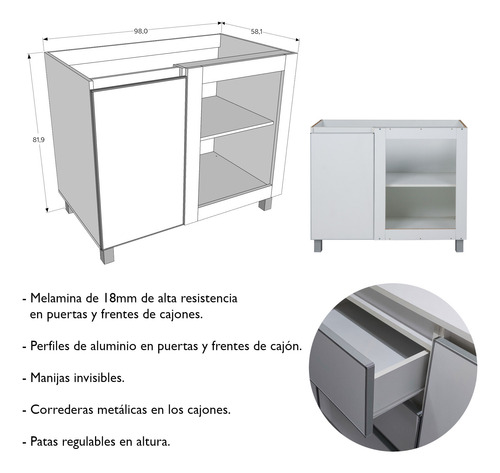 Bajomesada Módulo Esquinero Potenza Perfil Aluminio Blanco