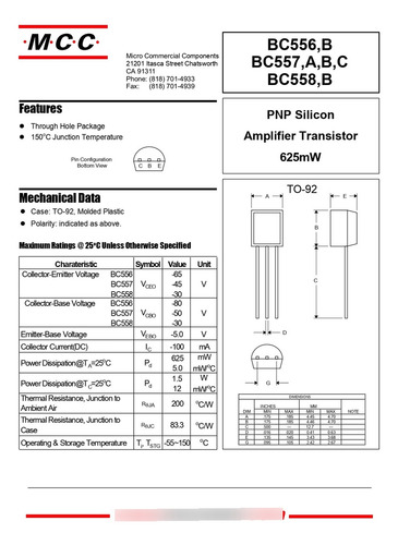Transistor Pnp 45v 100ma Bc 557a