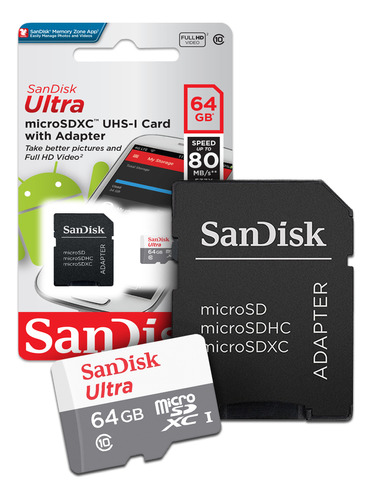 Cartão De Memoria 64gb Sandisk Microsd Cl10 80mb/s Ultra