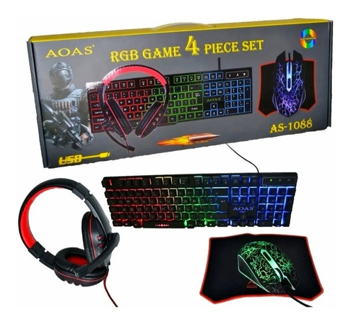 Set Teclado + Mouse + Audifono + Padmouse Aoas Gamer Rgb Led