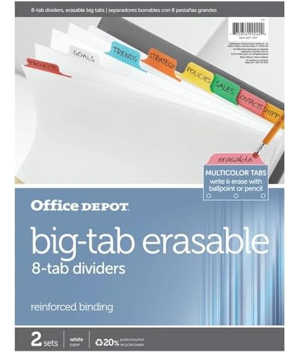 Brand Erasable Big Tab Dividers, 8-tab, Assorted Colors...