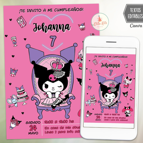 Invitacion Digital Kuromi Rosa Cumpleaños Nena - Whatsapp Editable En Canva