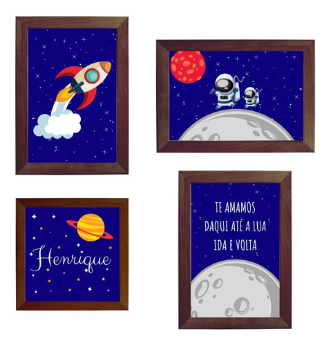 Kit Com 4 Quadros Decorativos Do Tema Astronauta