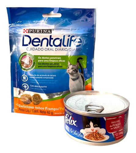 Pack Lata Felix Trocitos De Pollo + Dentalife Gato