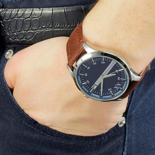 N- Relógio Armani Exchange Ax2133 De Couro Marrom Com Data