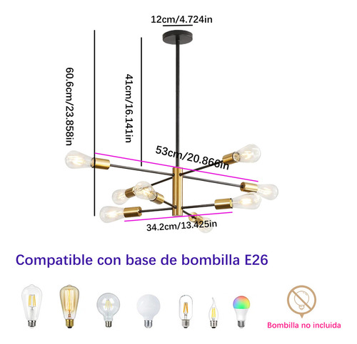 DEHOBO E26/27 Lámpara De Techo Colgantes Para Sala Interiores Decorativas 8 Luces Ajustables Lampara Para Recamara Lamparas Para Sala Lamparas Decorativas Foco Lamparas Para Cocina Lamparas De Techo