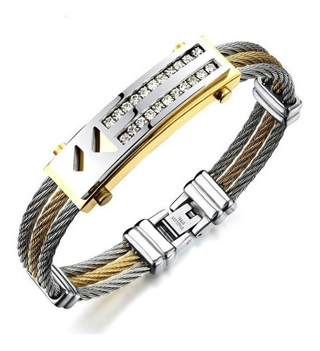 Pulseira Bracelete Masculino Aço Inox 316l Ouro 18k Zircônia