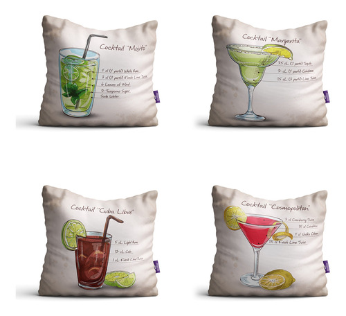 Almofadas Com Frases Drinks Bege 35x35cm Kit 4un