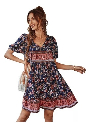 Vestido Floral Bohemio De Verano Para Mujer Encaje Y Escote