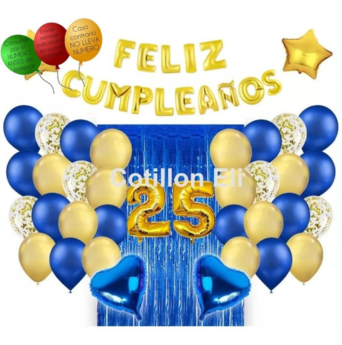 Combo Feliz  Cumpleaños Azul Dorado  Globos Confetti  Numero